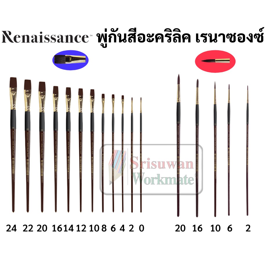 พู่กันสีอะคริลิค เรเนซองส์ หัวกลม หัวแบน ครบทุกขนาด Renaissance Acrylic Brush พู่กันหัวแบน พู่กันหัว