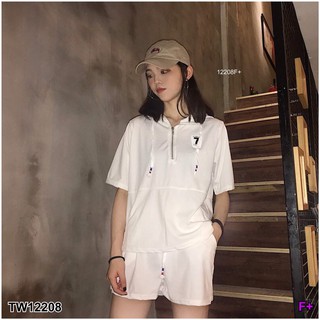 TwinsShopVip💗พร้อมส่ง TW12208 Set 2 ชิ้น เสื้อฮู๊ดแขนสั้น+กางเกงขาสั้น