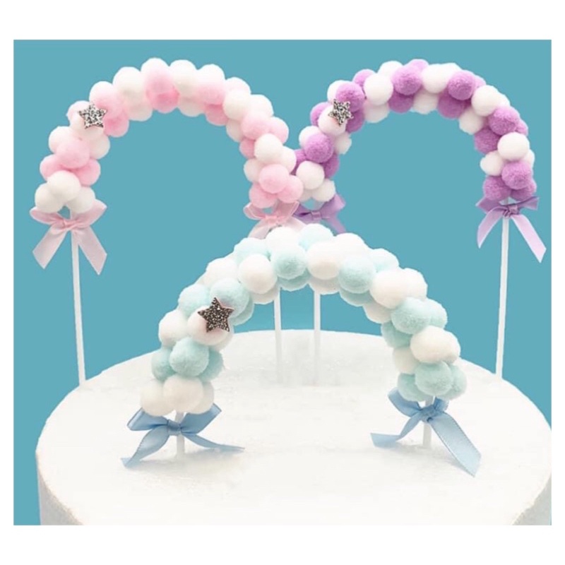 ป้ายปักเค้ก ซุ้มโค้ง ซุ้มบอลลูนปักเค้ก ซุ้มปอม3สี cake topper