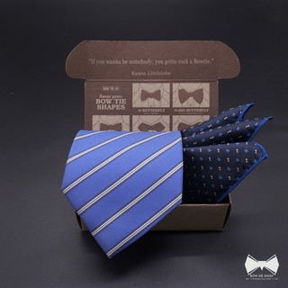 เซ็ทเนคไทXL 4นิ้ว ฟ้าลายขวางขาว+ ผ้าเช็ดหน้าสูท-Sky blue with white blue stripe XL 4" Necktie + Pocket square