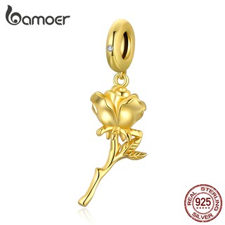 Bamoer Golden Rose Charm 925 Silver 5Mm Aperture Pendant Fashion Accessories Suitable For Diy Bracelet Bsc145-B