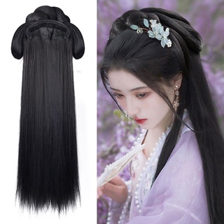 IN Stock❤️hanfu วิกผมฮันฟู่สไตล์จีนและขนมปัง ที่คาดผมขี้เกียจชิ้นเดียว สามเณร แต่งชุด วิกผมโบราณ กระเป๋า