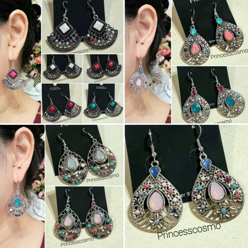 ต่างหูมีเจาะและหนีบสไตล์โบฮีเมียนสีเงินสุดชิค B87