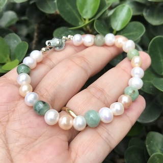‼️💯สร้อยข้อมือหยกแท้สลับไข่มุกน้ำจืด ขนาด 19-20 ซม.
