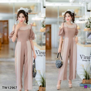 J12967 Jumpsuit จั๊มสูทขายาว เปิดไหล่ ติดเลื่อมดอกเพชร Long-sleeved jumpsuit with open shoulders