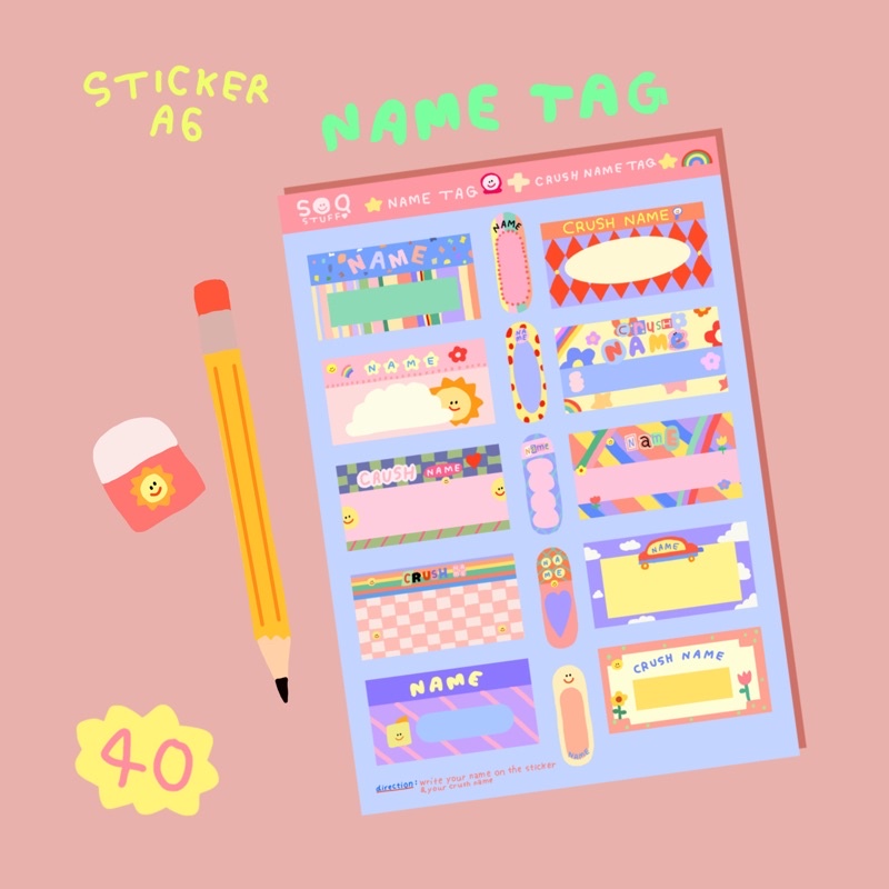 (พร้อมส่ง) soqstuff sticker PPสติกเกอร์ป้ายชื่อ ติดชื่อ เขียนชื่อลงบนสติกเกอร์ได้ ไดคัทแล้ว ขนาดเอ 6 sticker a6 Name tag