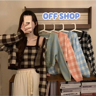 OFF SHOP พร้อมส่ง (OFF-87001+87001-1)  เสื้อคลุมไหมพรม+เสื้อกล้ามไหมพรม ลายตารางสีพาสเทล