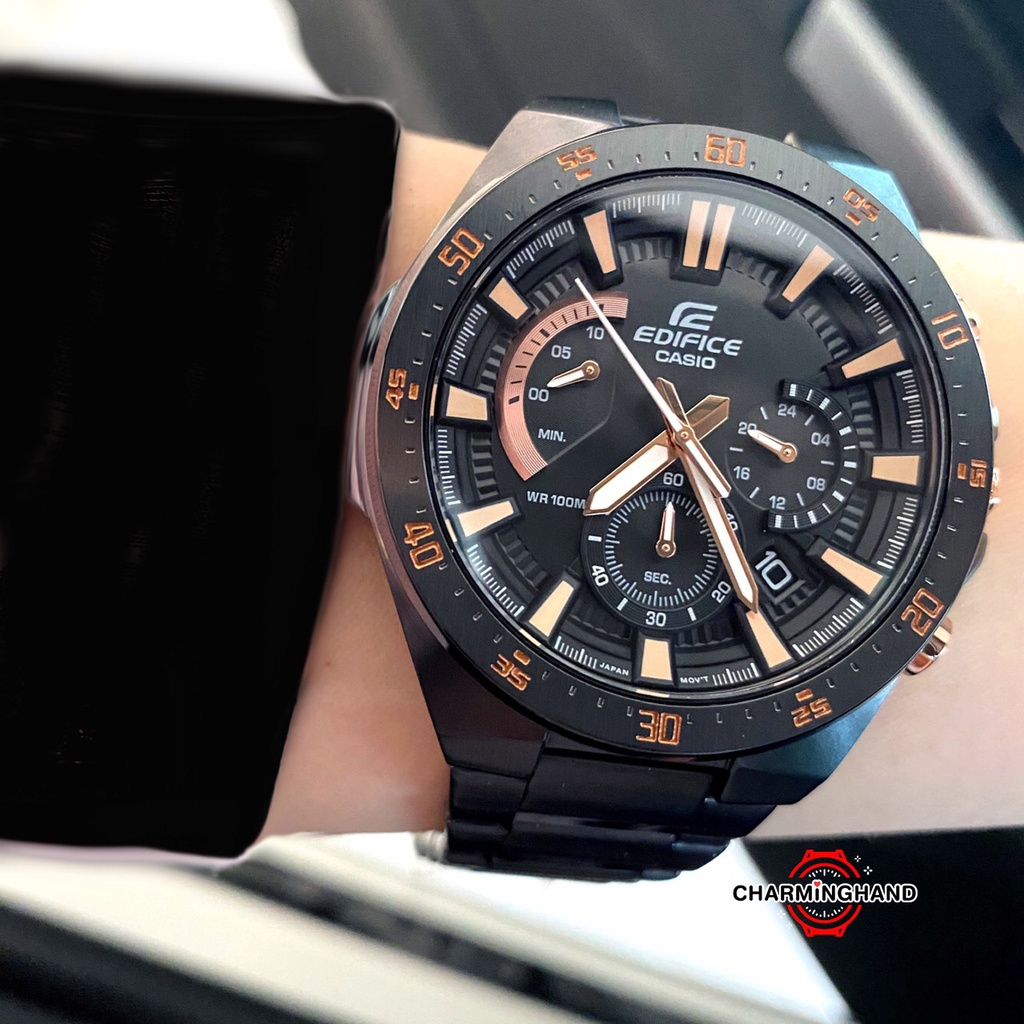 นาฬิกาข้อมือผู้ชายแท้ Casio Edifice Black Dial นาฬิกาคาสิโอลดราคา นาฬิกาสายสแตนเลสสีดำ ย้ำขายเฉพาะของแท้ มีใบรับประกัน