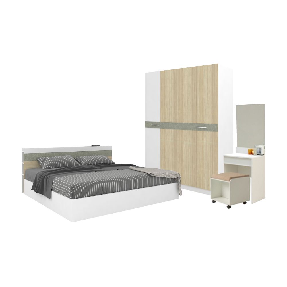 INDEX LIVING MALL ชุดห้องนอน รุ่นออกาโน่ ขนาด 5 ฟุต (เตียง(พื้นเตียงทึบ)+ตู้เสื้อผ้า 4 บาน+โต๊ะเครื่องแป้ง) - สีขาว/ไวท์โอ๊ค
