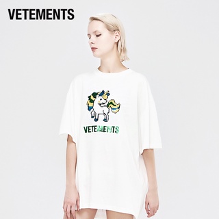 Vetements ใหม่ เสื้อยืดแขนสั้น ผ้าฝ้าย พิมพ์ลายยูนิคอร์น แฟชั่นคู่รัก