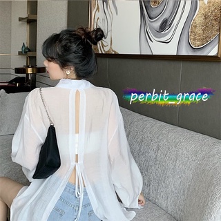 perbit_grace C187#เสื้อเชือกผูกเซ็กซี่ๆ เสื้อกันแดดแขนยาวสีขาว เสื้อคลุมแฟชั่นผู้หญิง สีขาว/เหลือง