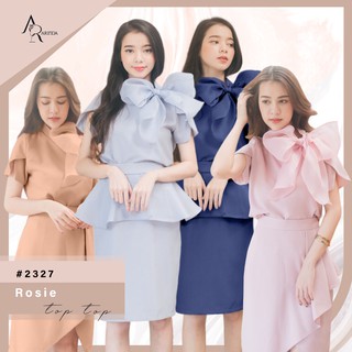 ARINDA Rosie top 2327 : เสื้อคอเต่าโบว์เฉียง แขนสั้นผ่าแขน