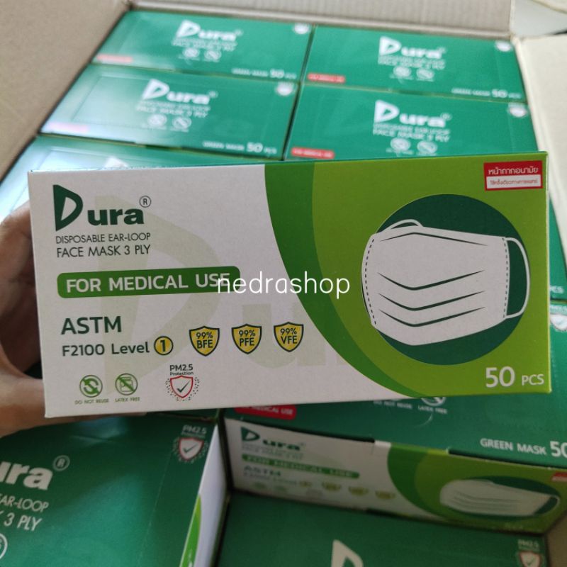 Dura หน้ากากอนามัย 3 ชั้น เกรดทางการแพทย์ สีเขียว ของแท้ 100% กันไวรัสได้
