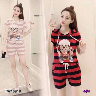 10918 Set เสื้อริ้วมีหมวกฮู้ด + กางเกงขาสั้น
