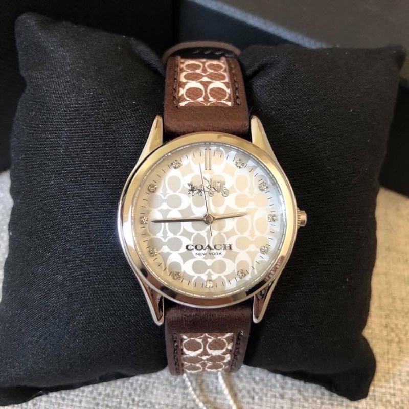 Coach สายหนังสีน้ำตาล Coach Brown Leather Signature Logo Strap Silver Glitz Dial Women's Watch