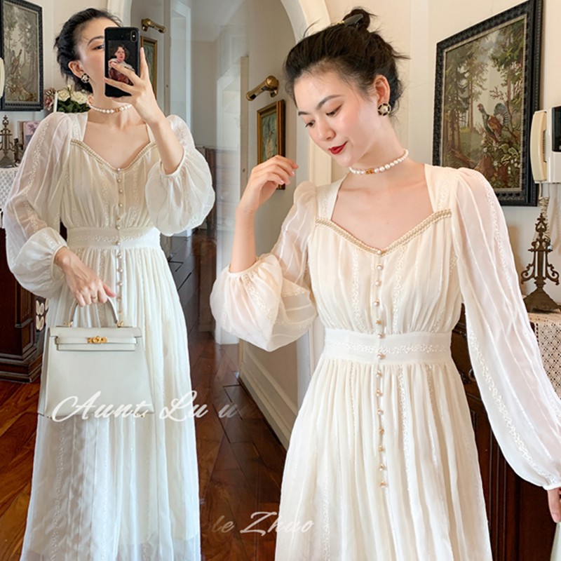 ชุดเดรสสั้น แขนยาวคอสี่เหลี่ยมแบบผูกเชือกเดรสแฟชั่นสตรี - may 2020 A932