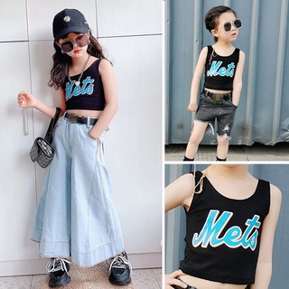 GA08/✨พร้อมส่ง✨ชุดเด็กผู้หญิงเสื้อกล้าม เอวลอยสีดำ สกรีนด้านหน้า ใส่แมทช์กับอะไร ก็ช่างเข้ากันสุดๆ