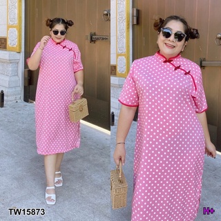 TT15873 เดรสคอจีน #BigSize แต่งกระดุมจีนลายจุด Chinese collar dress #BigSize decorated with Chinese buttons in polka dot