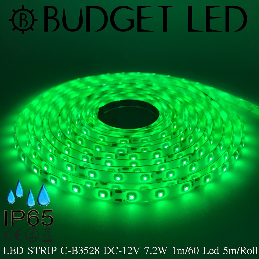 LED STRIP C-B3528-60-GREEN DC-12V 7.2W/1M IP65 ยี่ห้อBUDGET LED แอลอีดีไฟเส้นสำหรับตกแต่ง 300LED/5M 