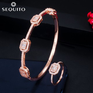 【Sequito】J092 ชุดกําไลข้อมือ ประดับเพทายคริสตัล สีโรสโกลด์ คุณภาพสูง สําหรับเจ้าสาว งานแต่งงาน