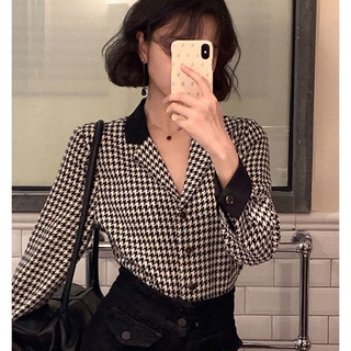 สไตล์ฮ่องกงย้อนยุคชีฟอง houndstooth เสื้อผู้หญิงแขนยาวเสื้อนอกฝรั่งเศสช่องลำลอง