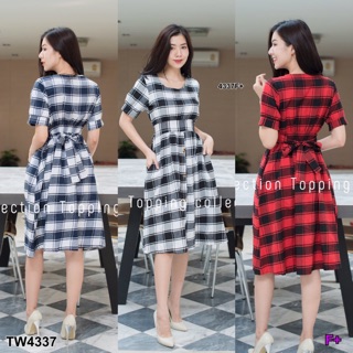 TwinsShopVip💗พร้อมส่ง TW4337 เดรสสก็อตผูกเอว Scottish tie waist dress