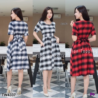 TwinsShopVip💗พร้อมส่ง TW4337 เดรสสก็อตผูกเอว Scottish tie waist dress