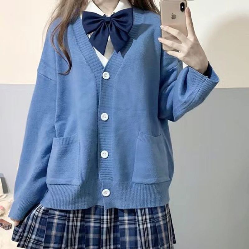✨Hot sale Size:S-2XL แกนปั่นด้าย คอวี JK เครื่องแบบกับเสื้อกันหนาว เสื้อกันหนาว เสื้อคาร์ดิแกน แขนโคมหลวม ราคา ถูกที่สุด ดีลบีเคเค แกลเลอรีภาพที่ 3