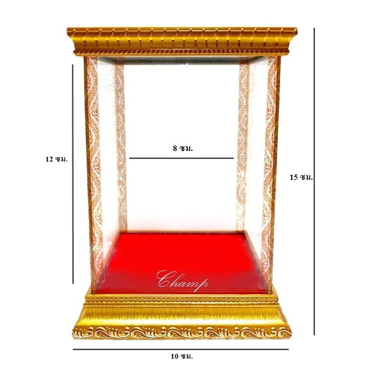 ตู้ครอบพระ ตู้กระจก กรอบไม้ทองพื้นกำมะหยี่แดง ขนาดภายนอก 10x10x15 ซม. ขนาดภายใน 8x8x12 ซม.