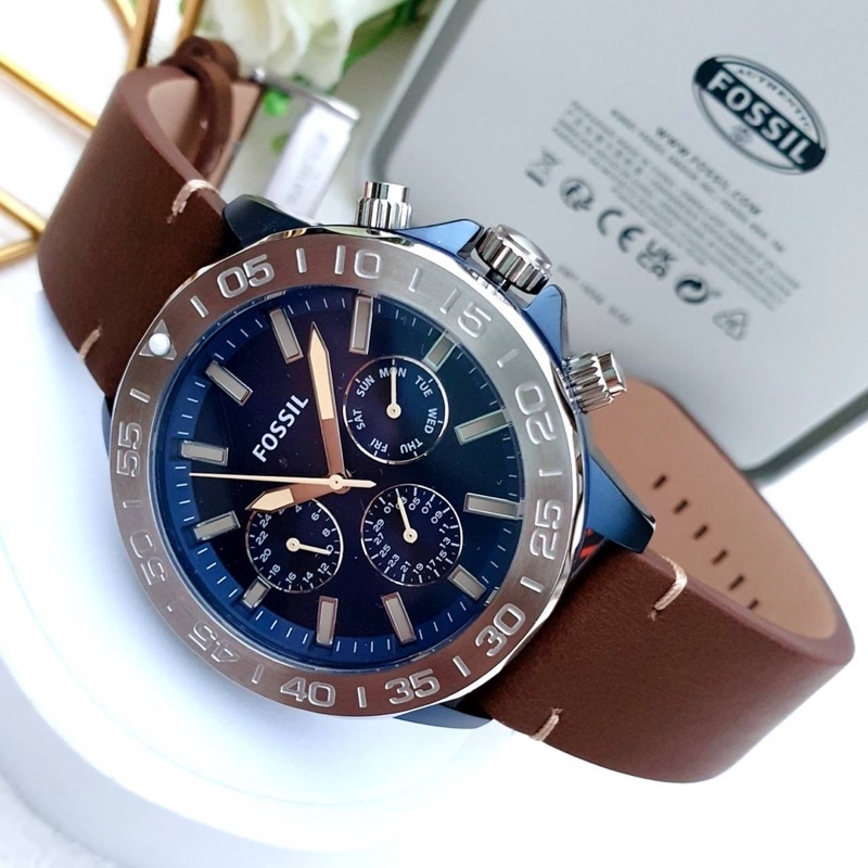 🎀 (สด-ผ่อน) นาฬิกาสายหนัง 45 มิล Fossil BQ2692 สายน้ำตาล หน้าปัดน้ำเงิน Bannon Multifunction Brown Leather Watch