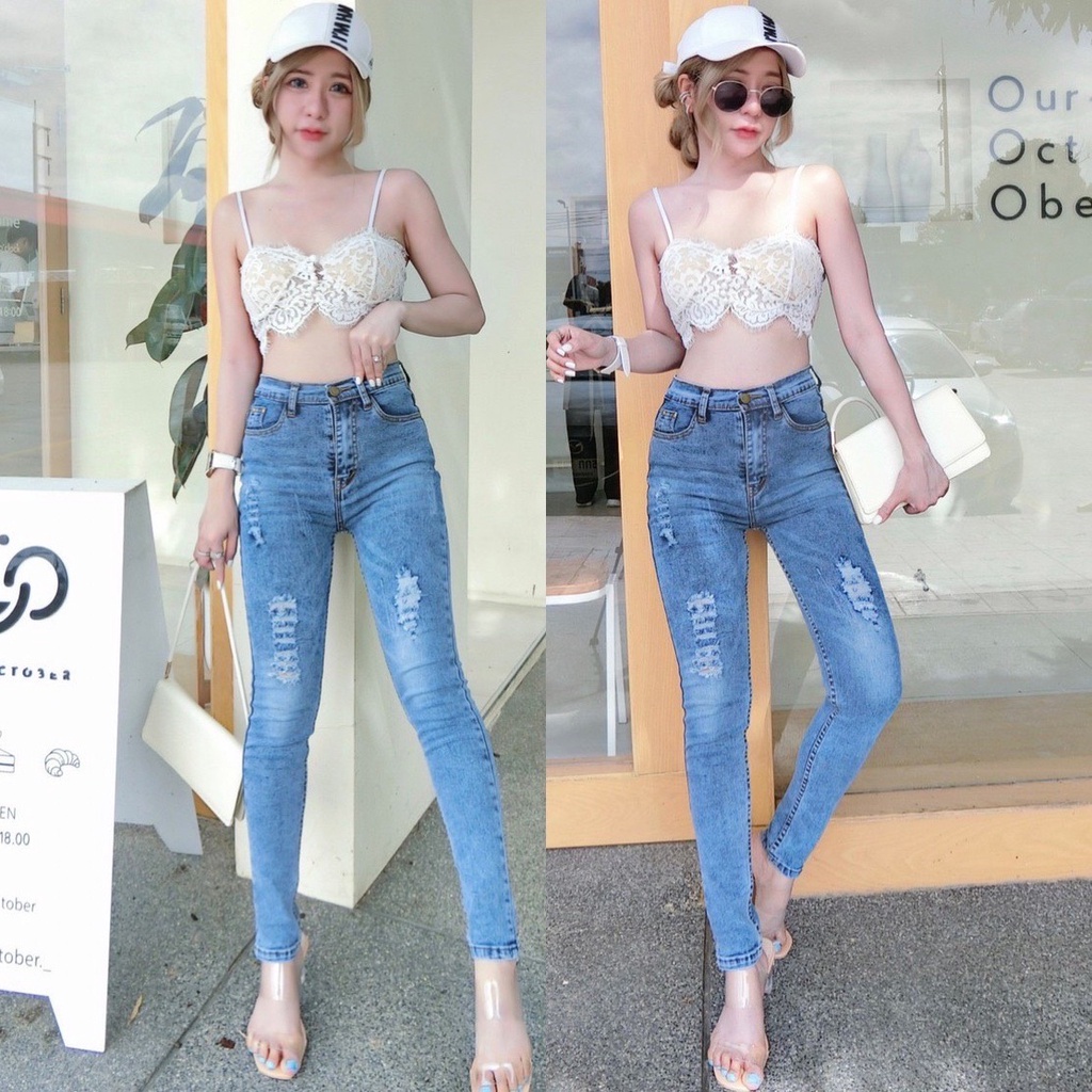 Cc jeans 208 กางเกงยีนส์ผู้หญิง ทรงเดฟ เอวสูง ซิป ฟอกแต่งขาดแฟชั่น สีเซอร์