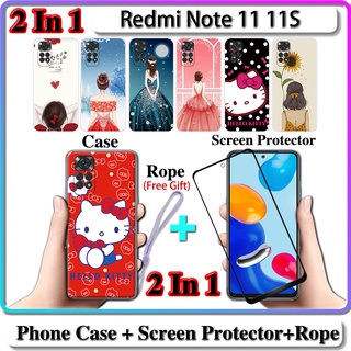 2 IN 1 เคส Redmi Note 11 11S เคส พร้อมกระจกนิรภัยโค้ง ป้องกันหน้าจอเซรามิค สําหรับเด็กผู้หญิง และคิตตี้