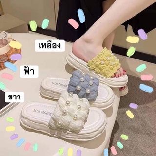 🎀พร้อมส่ง🌸รองเท้าแตะ สวม รองเท้าส้นหนา แต่งมุก พื้นนุ่ม ใส่สบาย น่ารัก คุณหนูมาก สลิปเปอร์