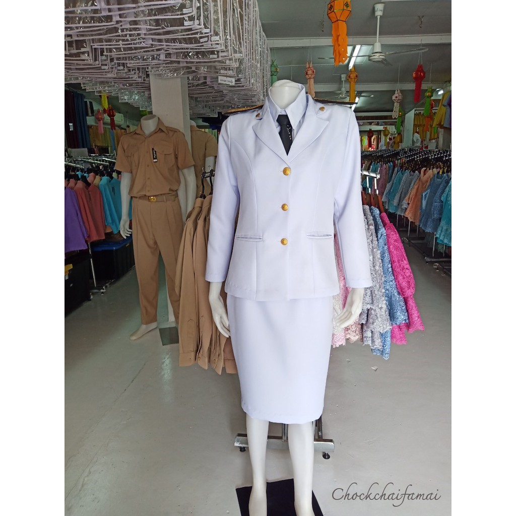 ชุดปกติขาวหญิง(เสื้ออัดกาว กระโปรงอัดกาวผ้าซับใน)ชุด เสื้อ + กระโปรง (ไม่รวมเครื่องหมายหน่วยงานทางราชการ)