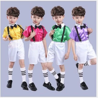 ชุดการแสดงเด็กผู้ชายหลากสีพร้อมสายเอี๊ยมและหูกระต่าย (พร้อมส่งในไทย)