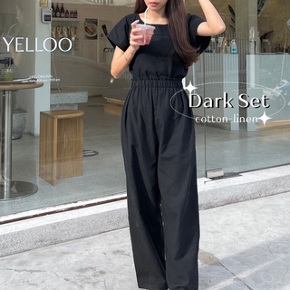 พร้อมส่ง⚡️DARK SET เสื้อ+กางเกง(มีกระเป๋ากางเกง)ชุดผ้าฝ้ายลินินชุดไปคาเฟ่ เกาหลีมินิมอล