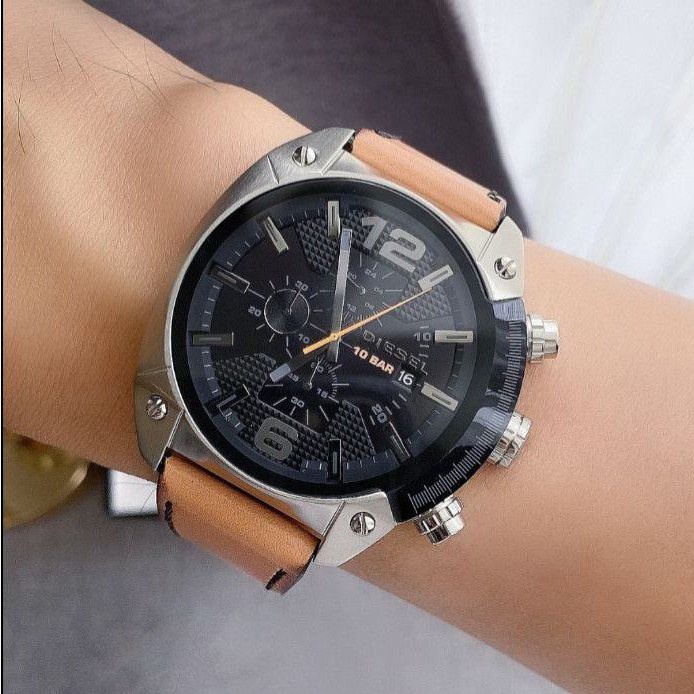 MK 🎀 (สด-ผ่อน) นาฬิกา DZ4503 DIESEL Overflow Chronograph Quartz Black Dial Men's Watch สายหนัง สีนำ้ตาล 49 มิล