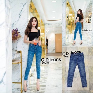 G.D.Jeans รุ่น 90056#กางเกงยีนส์ขายาวผ้ายืดทรงเดฟสีเข้มพิมพ์ลายดอก