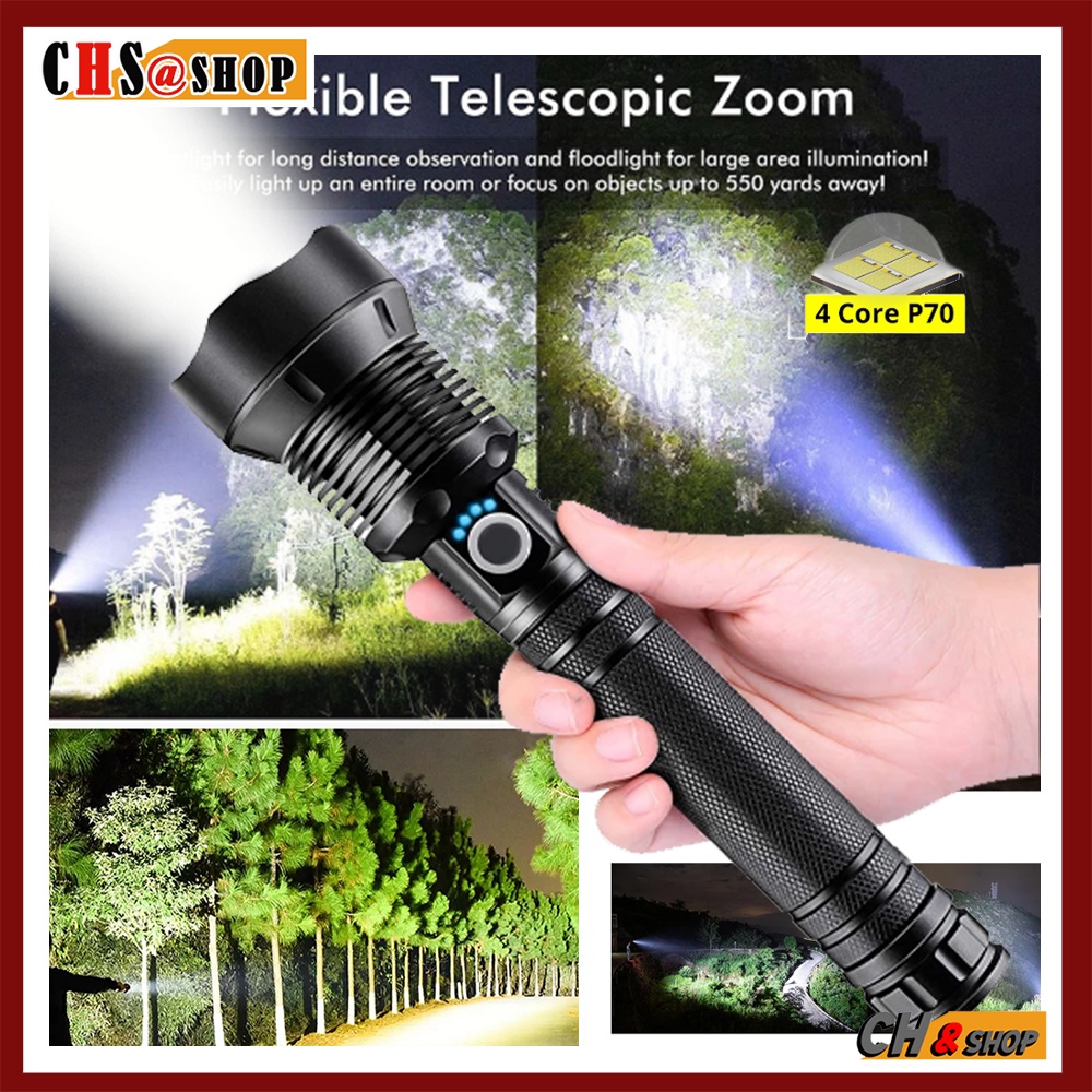 ไฟฉาย LED พร้อมแบตเตอรี่ 26650 แรงสูง Super Bright 4 Core P70.2 ที่มีประสิทธิภาพใช้'งานสูง กันน้ำไฟฉาย ,แคมป์ป