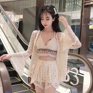 👙ชุดเซท 3 ชิ้น ถักไหมพรมโครเชต์ ใส่เที่ยวทะเล เสื้อคลุมแขนยาว + เสื้อทรง Bikini + กางเกงขาสั้น