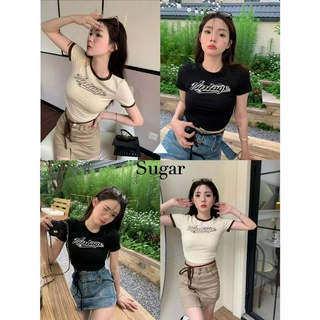 Sugar 🌈พร้อมส่ง🌈เสื้อครอป คอกลมแขนสั้น เว้าหลังผูกเอว เสื้อสไตล์เกาหลี(973/970)