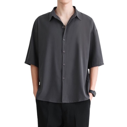เสื้อเชิ้ตแขนสั้นสีเทาเข้ม UNISEX ทรงOversize ใส่สบายผ้าไม่ร้อน ไซส์ M-6XL"