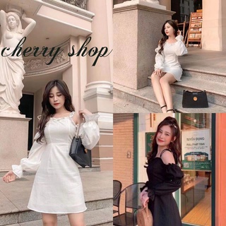 cherryshop พร้อมส่ง🔥เดรส🍀เดรสเปิดไหล่แบบฝรั่งเศส เดรสแขนยาว ผู้หญิงเซ็กซี่