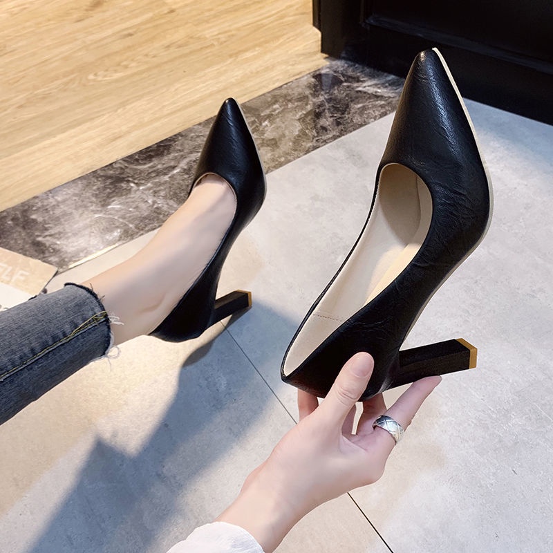 👡34-40 สีดำ 7 ซม. รองเท้าส้นสูงรองเท้าส้นหนานักเรียนทุกการแข่งขันชุดสบายรองเท้าทำงานมืออาชีพสีนู้ดรองเท้าชี้
