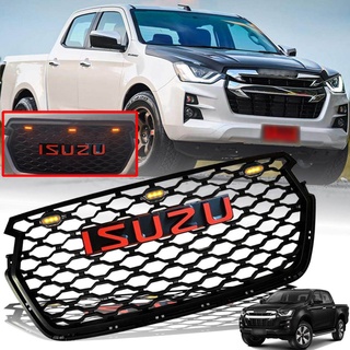 กระจังหน้า หน้ากระจัง มีไฟ LED สีเหลือง โลโก้ ISUZU สีแดง รุ่น อีซูซุ ดีแม็กซ์ ISUZU D-MAX DMAX ปี 2020 - 2021 สีดำด้าน