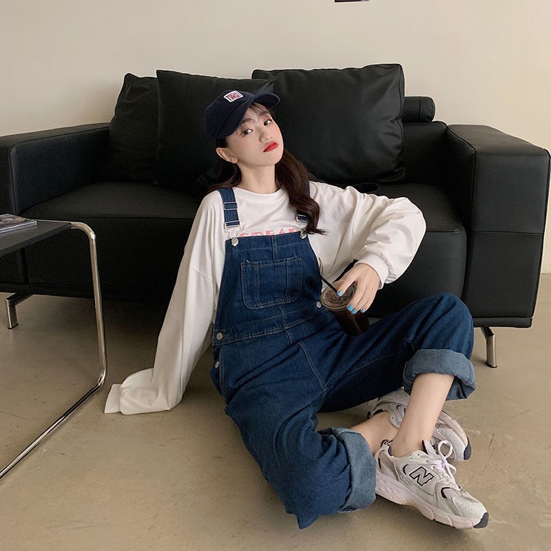 🌠พร้อมส่ง🌈เอี๊ยมยีนส์เอวสูง สียีนส์เข้ม ทรงหลวม Over size รุ่น468