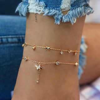 XUYU 2pcs/set Korean Version of the Popular Cute Tiny Heart Crystal Small Butterfly Charm Anklet Fashion  For Women