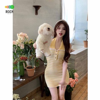 Button womens lapel summer backless knitted neck dress hot girls high waist striped slimming temperament hip skirt