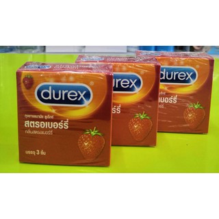 (3 กล่อง )Durex Strawberry  (ถุงยางอนามัยดูเร็กซ์) ขนาดมาตรฐาน 52.5 มม. กลิ่นสตรอเบอรร์รี่