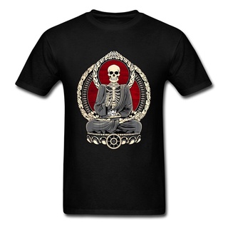 เสื้อยืดสีขาวเสื้อยืดแขนสั้น ผ้าฝ้าย 100% พิมพ์ลายหัวกะโหลก Starving Buddha OM Skull Skeleton Dia de los Muertos สําหรับ